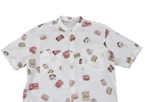 Papas ISLAND Linen Logo Print Band Collar Short Sleeve Shirt K-163947_002