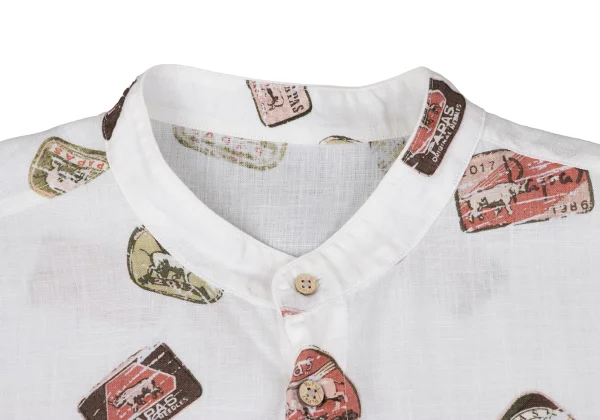 Papas ISLAND Linen Logo Print Band Collar Short Sleeve Shirt K-163947_003