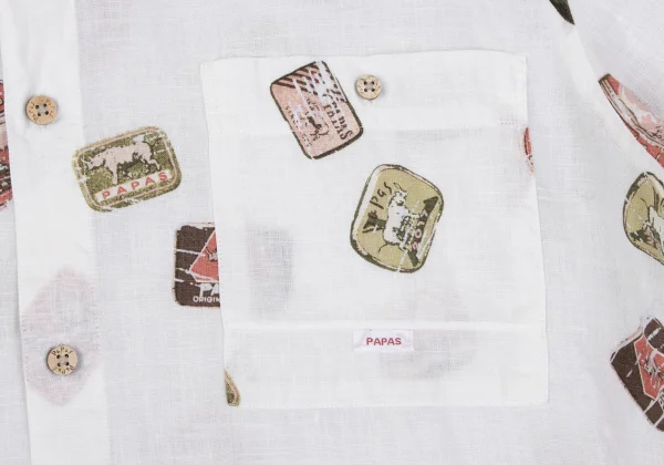 Papas ISLAND Linen Logo Print Band Collar Short Sleeve Shirt K-163947_006