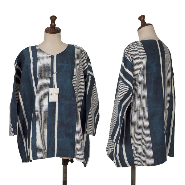 45rpm 45R Silk Blend Cotton Multi Striped Pullover Collarless Shirt Navy,White 0 K-164016_001