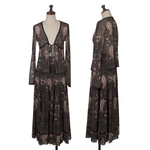 Jean Paul GAULTIER Taped Graphic Print Mesh Cardigan & Skirt Black,Pink 40・M位 K-164037_001