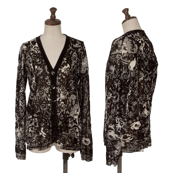 Unbranded Geometric Flocked Mesh Cardigan Black,White S-M K-164057_001