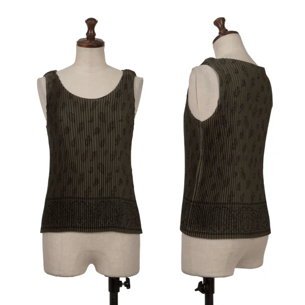 イッセイミヤケISSEY MIYAKE ペイズリープリントプリーツタンクトップ カーキ黒M