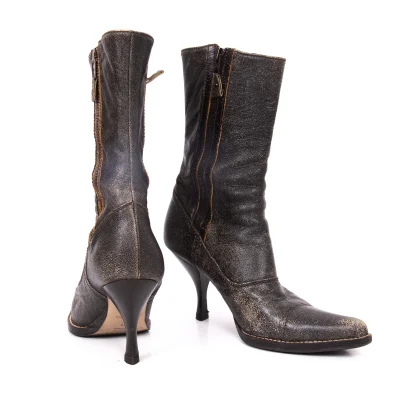 MIU MIU Crack Leather Double Zip Pin Heel Boots