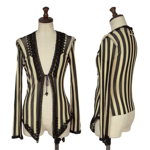 Jean Paul GAULTIER MAILLE Lace Patch Stripe Mesh Cardigan Beige 40 K-164259_001