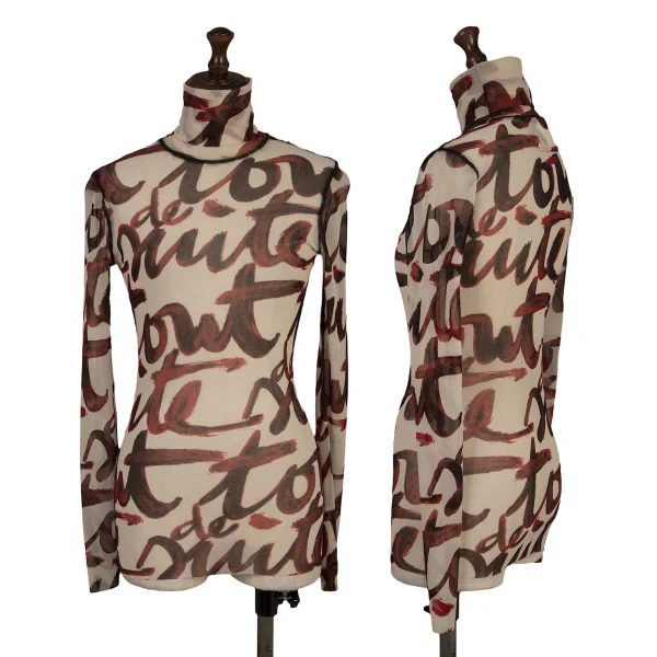 Jean Paul GAULTIER MAILLE FEMME Lettering Printed Turtleneck Mesh Top Red,White S K-164261_001