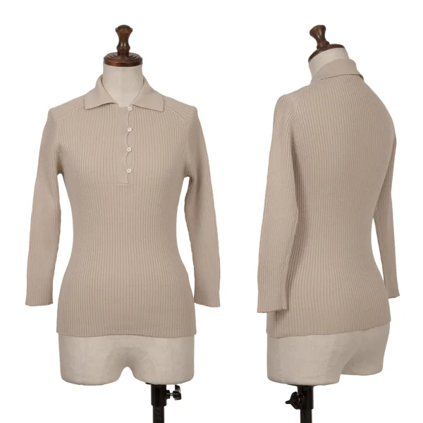 MARGARET HOWELL Wool Rib Knit Polo Shirt Beige 2 K-164276_001