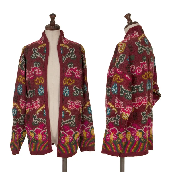 ケンゾーKENZO 総柄ジャガードパイピングボタンレスニットカーディガン ボルドーマルチM位