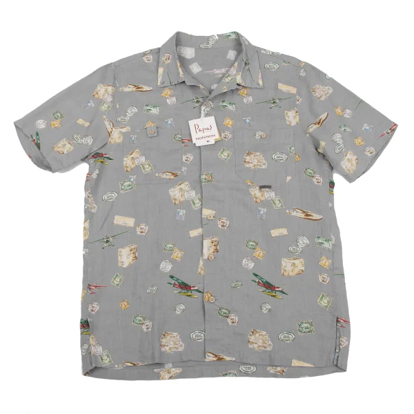 Papas Postage Stamp Printed Open Collar Short Sleeve Shirt Grey S K-164352_001