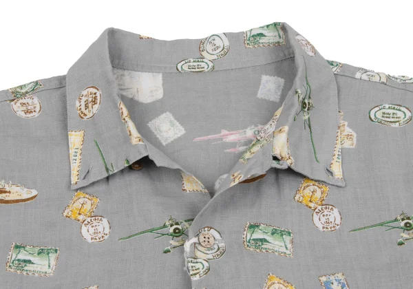 Papas Postage Stamp Printed Open Collar Short Sleeve Shirt K-164352_002