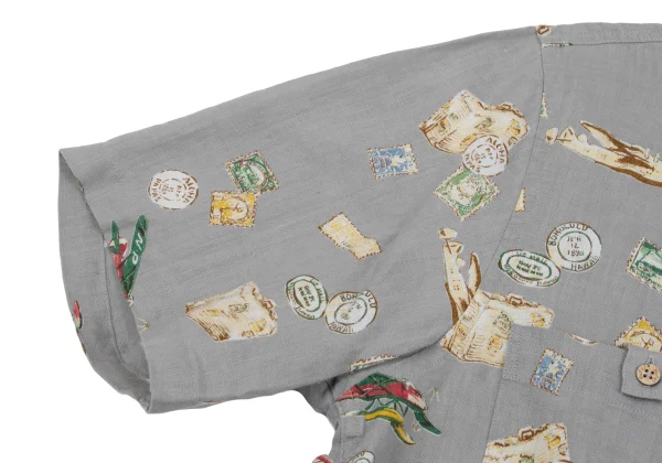 Papas Postage Stamp Printed Open Collar Short Sleeve Shirt K-164352_006