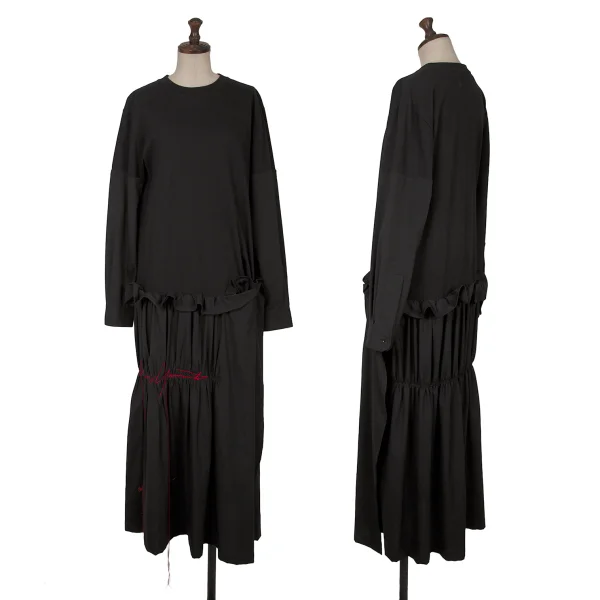 Yohji Yamamoto FEMME Hem Logo Embroidery Gather Dress Black 2 K-164377_001