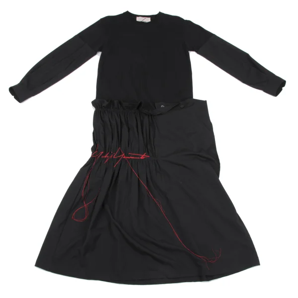 Yohji Yamamoto FEMME Hem Logo Embroidery Gather Dress K-164377_002