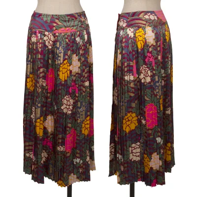 KENZO Rayon Silk Floral Print Accordion Pleated Skirt