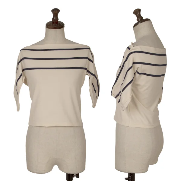Yohji Yamamoto FEMME Cotton Boat Neck Striped Top Ivory,Navy M K-164404_001