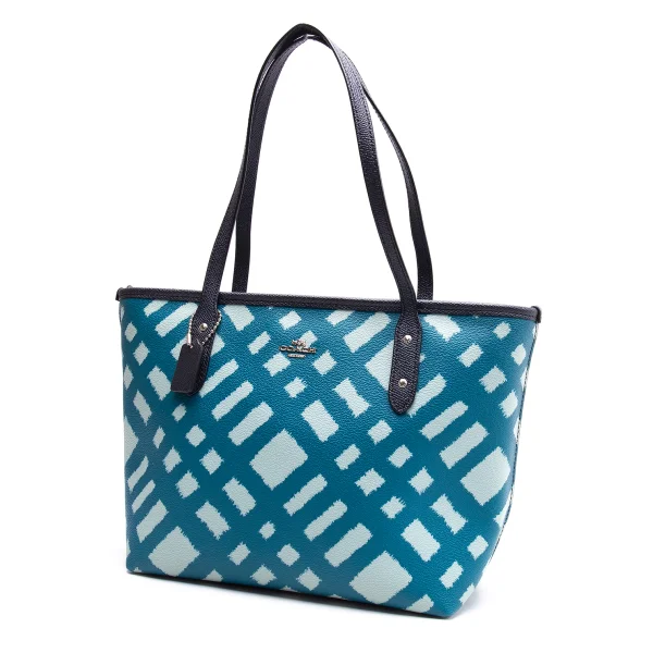 COACH Wild Plaid Leather Tote Bag Turquoise  K-164431_001