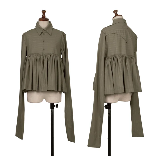 Jean Paul GAULTIER FEMME Gathered Ruffle Striped Blouse Grey,Beige 40 K-164536_001