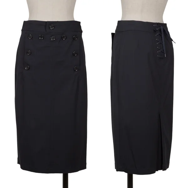 ジャンポールゴルチエ フォー セットプルミエJean Paul GAULTIER FOR SEPT PREMIERES レーヨンポリバックレースアップスカート 紺36 K-164554_001