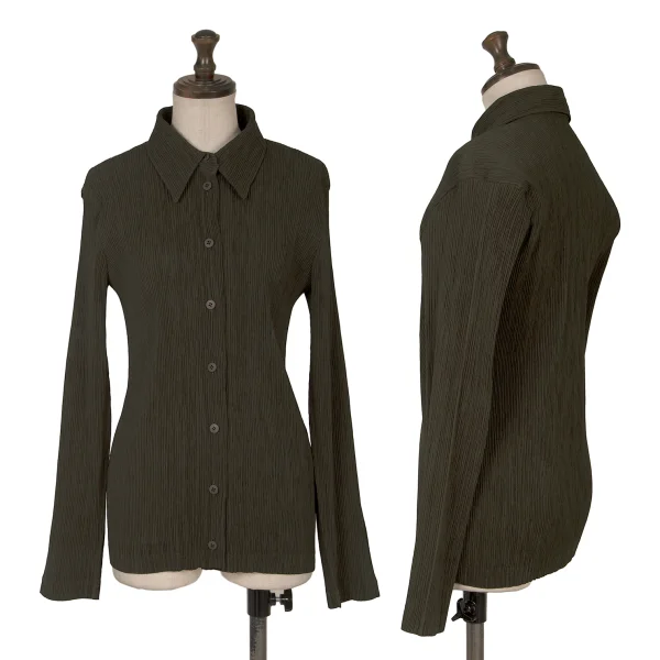 イッセイミヤケISSEY MIYAKE クレーププリーツ長袖シャツ カーキM