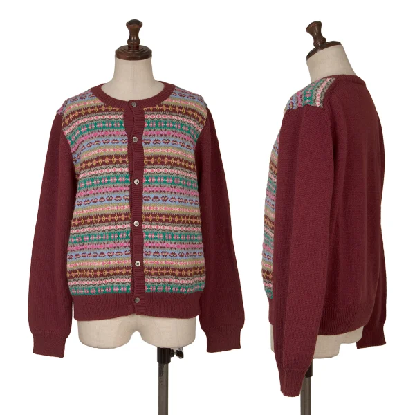 COMME des GARCONS GIRL Wool Acrylic Fair Isle Knit Cardigan Bordeaux,Multi-Color L K-164657_001