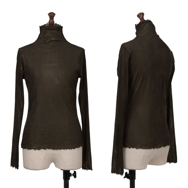 ヒロココシノHIROKO KOSHINO フロッキープリントシースルーメッシュカットソー 焦げ茶38