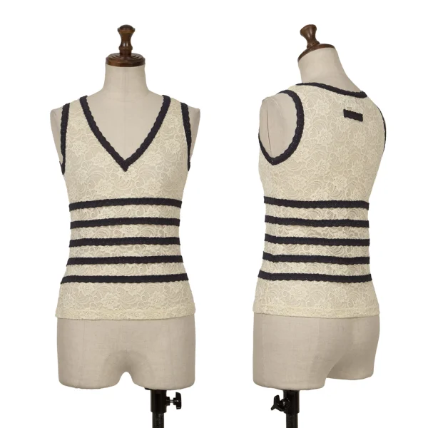 ジャンポールゴルチエ ファムJean Paul GAULTIER FEMME フローラルレースVネックタンクトップ 紺オフM