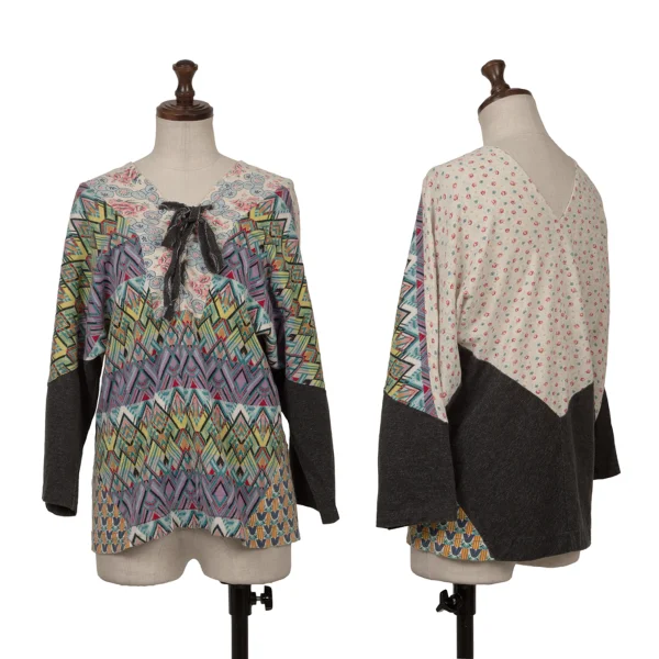 トリココムデギャルソンtricot COMME des GARCONS コットンリネン柄切替レースアップトップス マルチM位