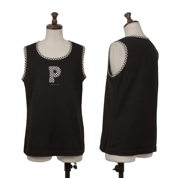 PINK HOUSE Cotton Initial Patch Check Piping Design Tank Top Black L K-164777_001