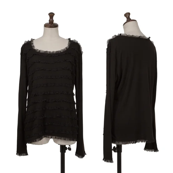 PINK HOUSE Acrylic Blend Mesh Frill Design Stretch T-shirt Black L K-164778_001