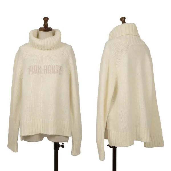 PINK HOUSE Acrylic Wool Logo Woven Low Gauge Turtleneck Knit Cream S-M K-164779_001