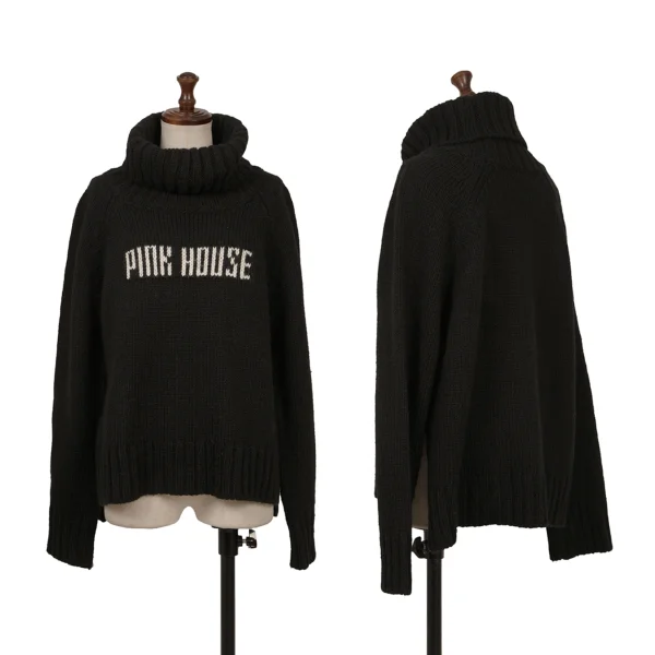 PINK HOUSE Acrylic Wool Logo Woven Low Gauge Turtleneck Knit Black S-M K-164780_001