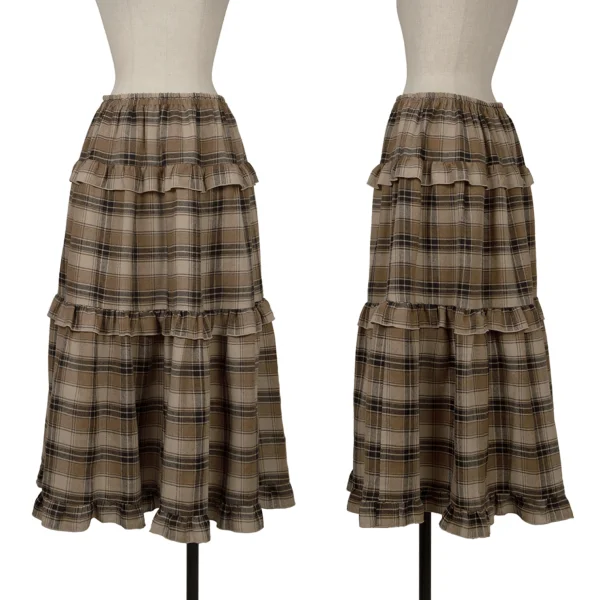 ピンクハウスPINK HOUSE ポリコットンフリル切替チェックスカート モカ他M位