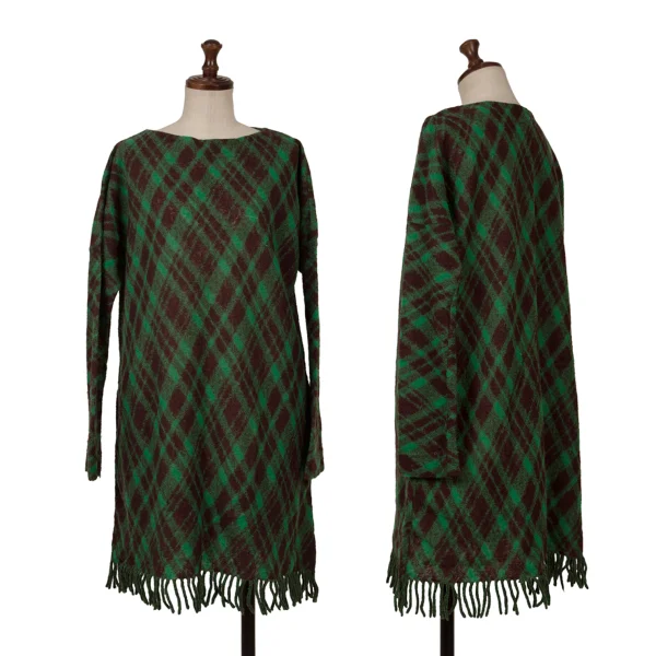 イッセイミヤケ ハートISSEY MIYAKE HaaT ウール混アーガイルフリンジニットチュニック 緑黒2