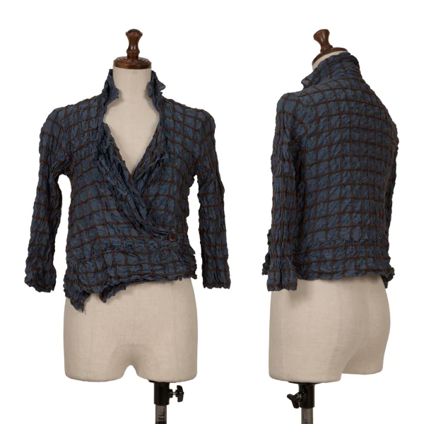 イッセイミヤケ ハートISSEY MIYAKE HaaT シルク混格子刺繍ショートジャケット 紺茶3