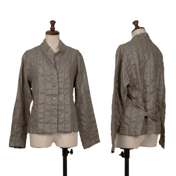 イッセイミヤケ フェットISSEY MIYAKE FETE リネン箔コーティング透かし刺繍デザインジャケット カーキ2