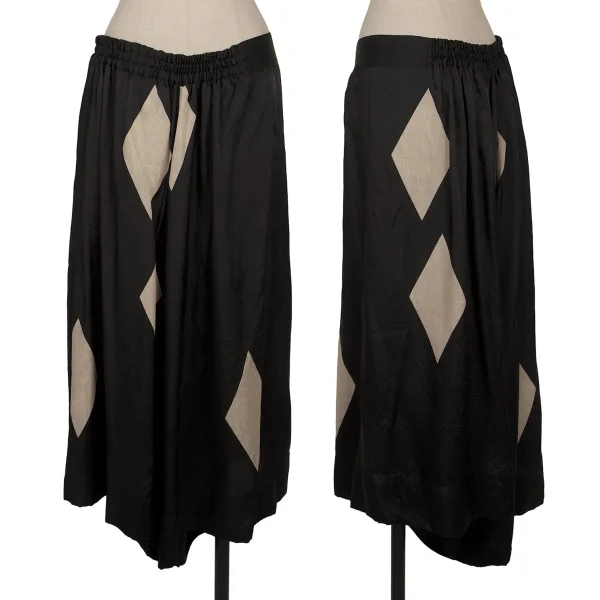 ワイズY's ダイヤ抜染キュプラサルエルワイドパンツ 黒ベージュ1