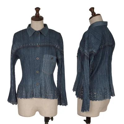 PLEATS PLEASE Denim Transfer Printed Hem Cutting Jacket