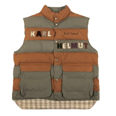 Karl Helmut Cotton Logo Patch Design Striped Down Vest