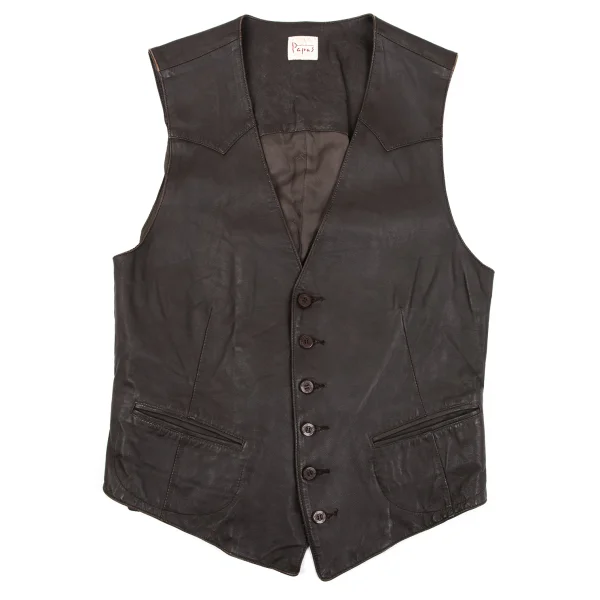 Papas Wood Button Design Leather Vest Brown M K-165018_001