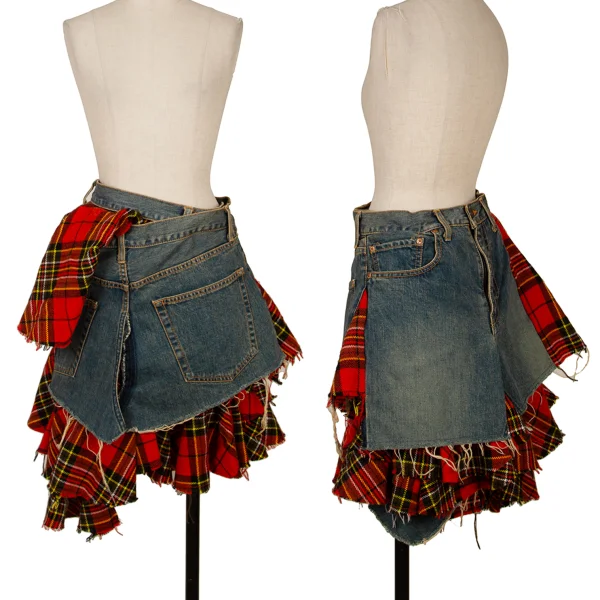 JUNYA WATANABE COMME des GARCONS Checked Reconstruct Denim Skirt  Indigo,Red S K-165052_001