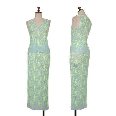 PLEATS PLEASE Neon Taping Mesh Tank Top & Skirt