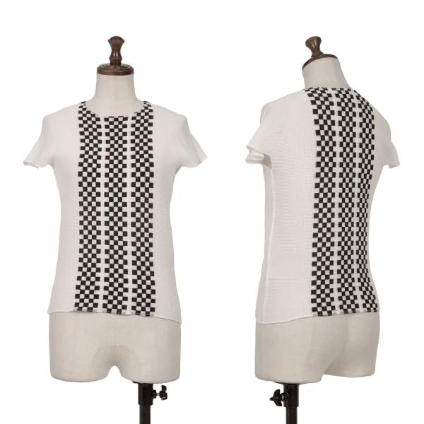 イッセイミヤケISSEY MIYAKE PLEATS (T) ストレッチプリーツチェッカーTシャツ 白黒3