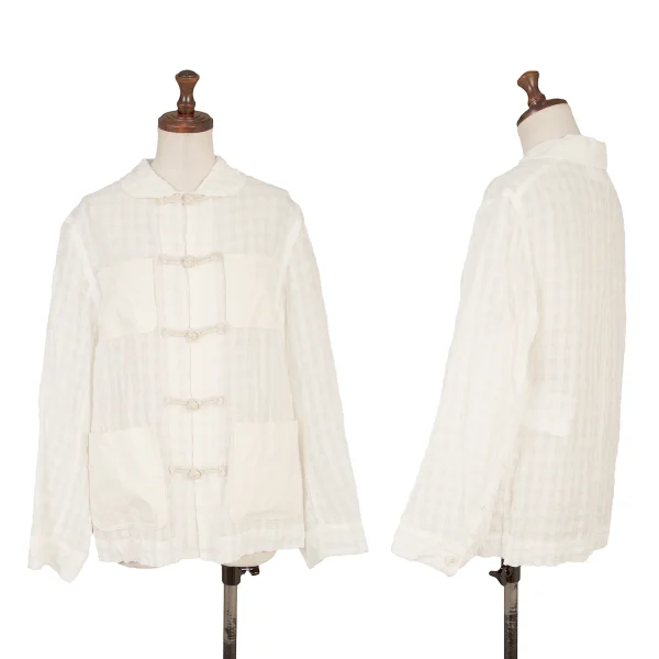 tao Check Weave Chinese Button Round Collar Shirt Jacket White S K-165159_001