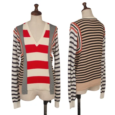 Jean Paul GAULTIER Cotton Blend Multi Stripe Switching Design V-Neck Knit