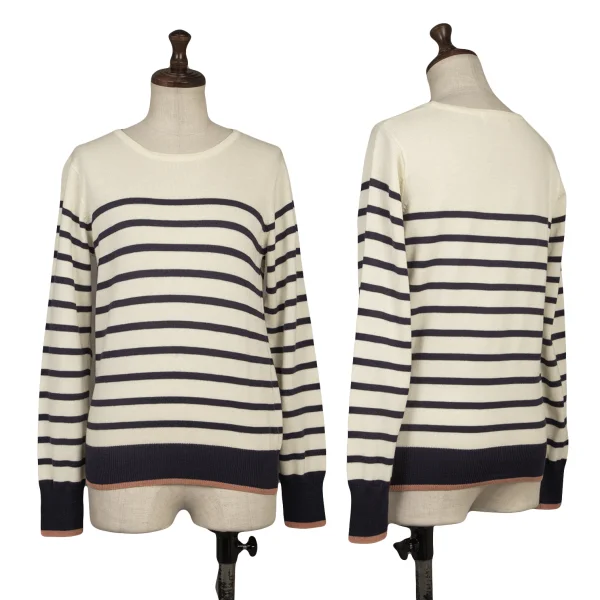 BEAMS HEART Acrylic Cotton Striped Knit Sweater White,Navy S-M K-165196_001