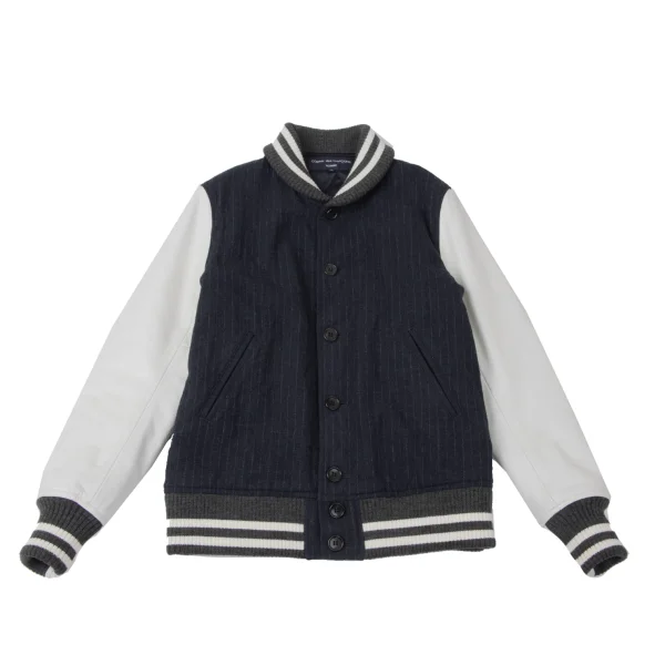 COMME des GARCONS HOMME Leather Switching Pinstripe Padded Blouson Navy,White M K-165335_001