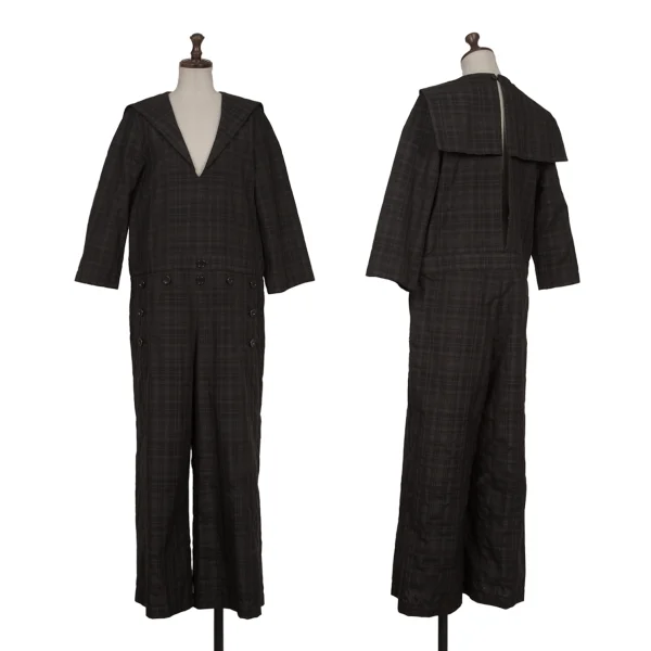 tao Linen Blend Checked Sailor Collar Jumpsuit Grey S K-165488_001