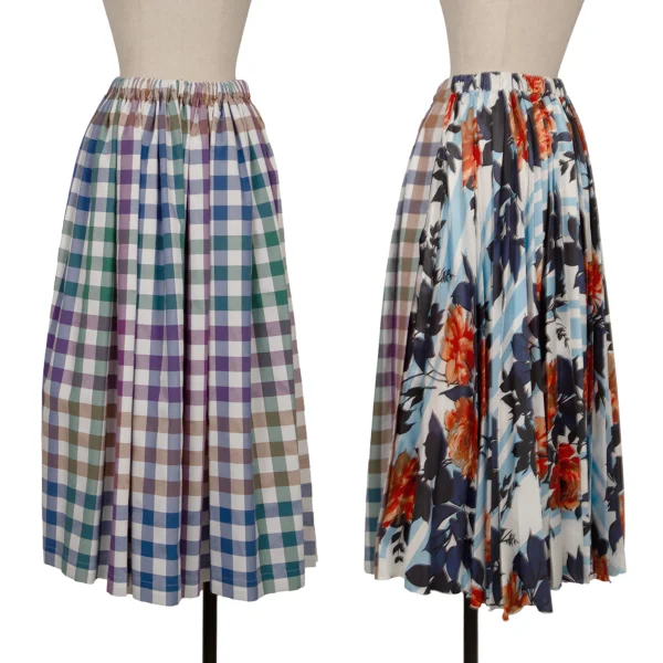 tricot COMME des GARCONS Pleated Floral Print Switching Check Skirt Multi-Color S-M K-165498_001