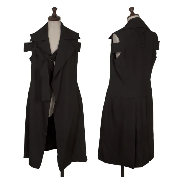 Yohji Yamamoto FEMME Wool Gaba Belted Sleeveless Long Jacket Black 1 K-165584_001