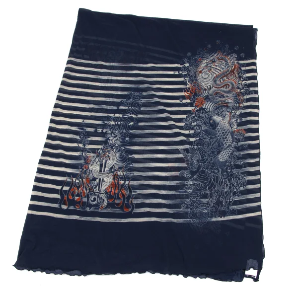 Jean Paul GAULTIER SOLEIL Tattoo Stripe Printed Mesh Stole Navy XS K-165630_001